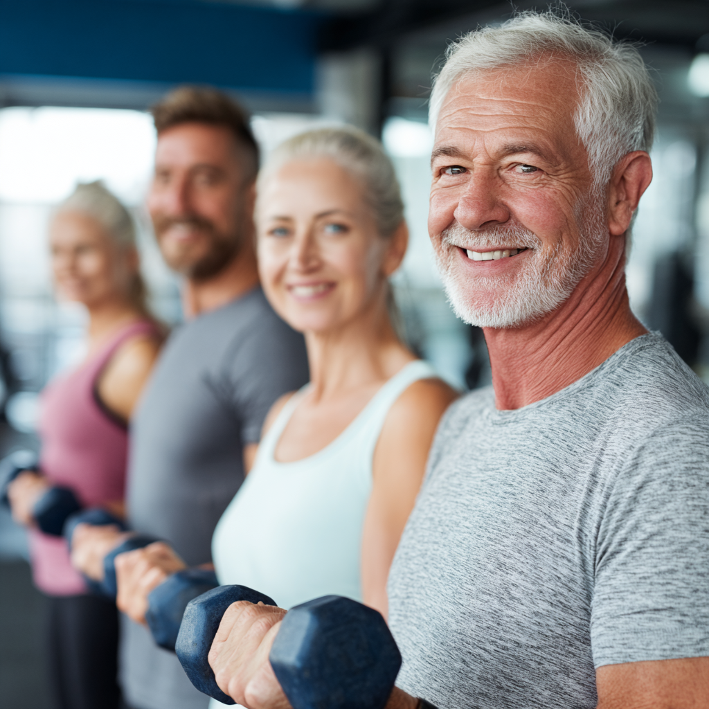 Mature adults engaged in fitness activities with professional trainer