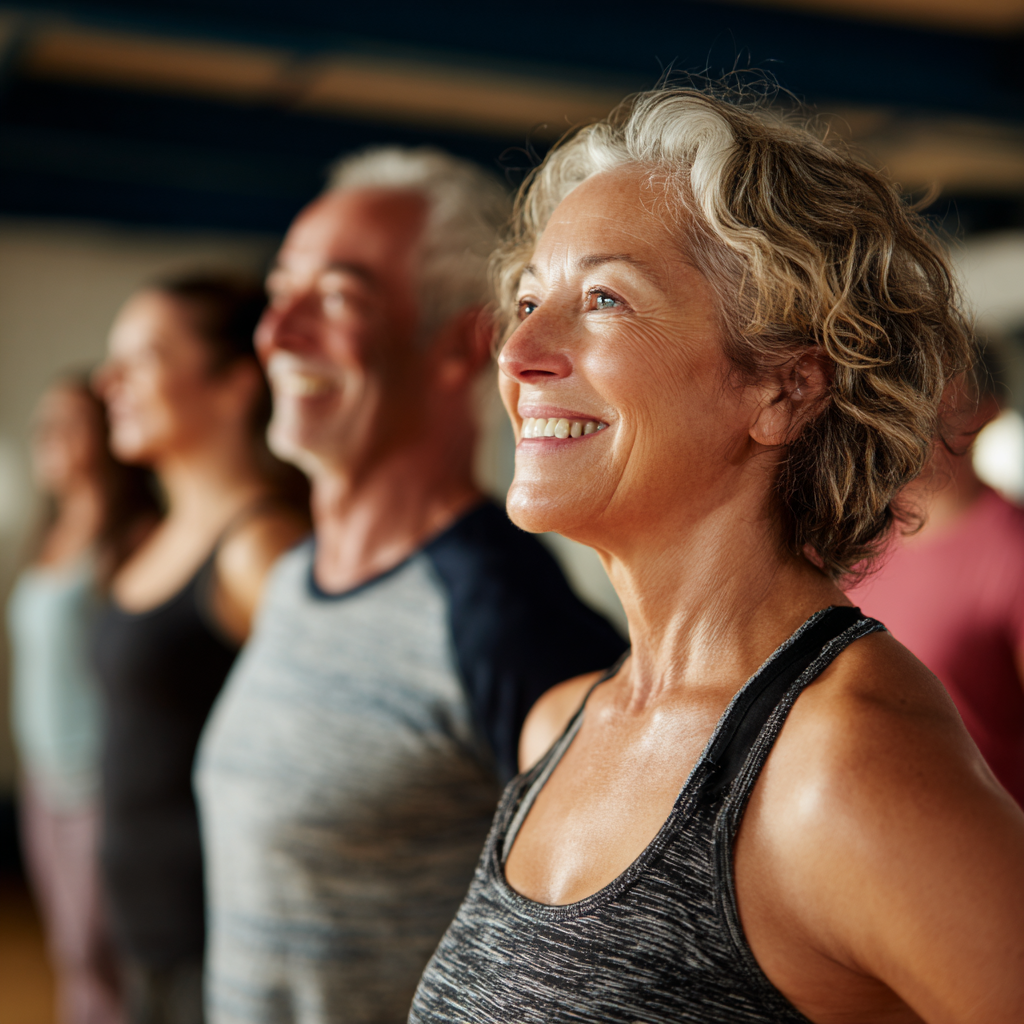 Middle-aged adults participating in group fitness training session